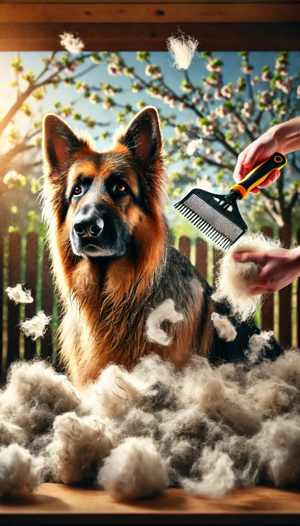 Using a de-shedding tool on a double-coated dog during seasonal shedding to remove loose undercoat.