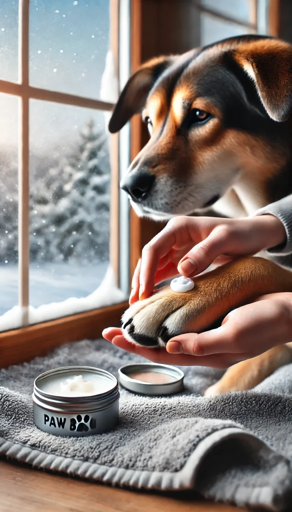 Applying protective paw balm to a dog's pads during winter to prevent cracking and discomfort.