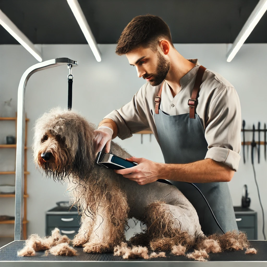  A professional groomer safely and compassionately removing severe mats from a dog with clippers.