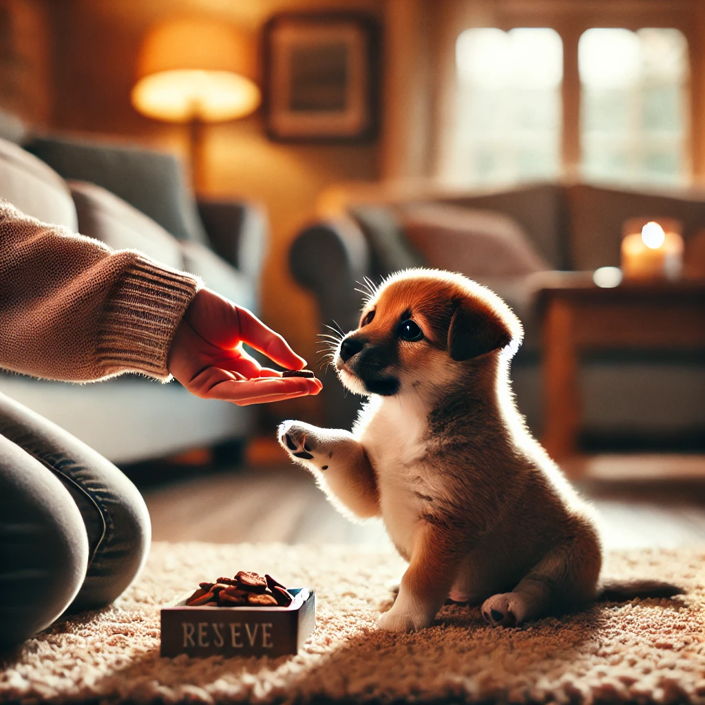 A positive introduction to grooming: a puppy getting its paws handled gently while receiving a treat.