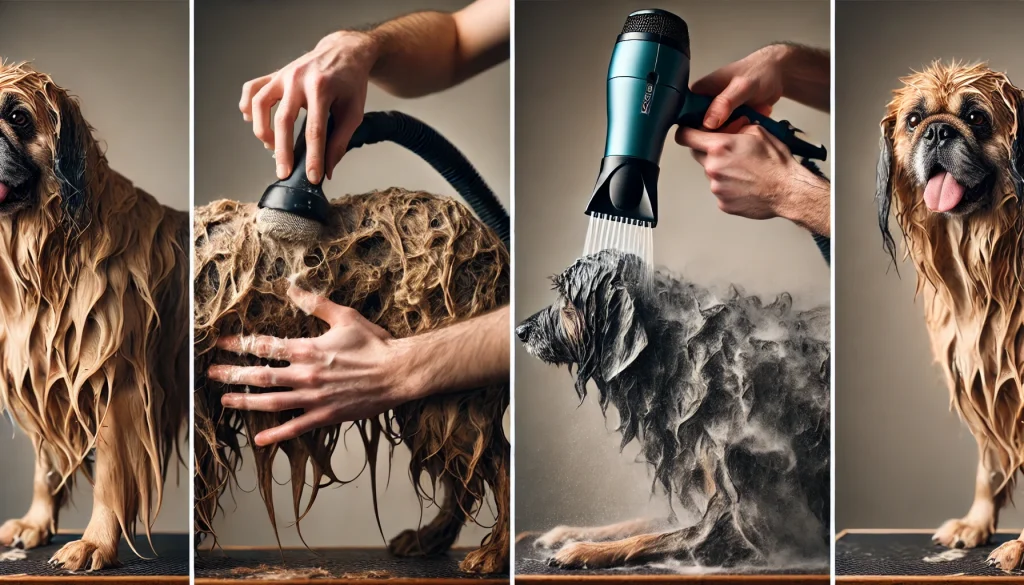 The two-step process of applying detangling conditioner during a bath and using a high-velocity dryer to prevent mats from reforming.