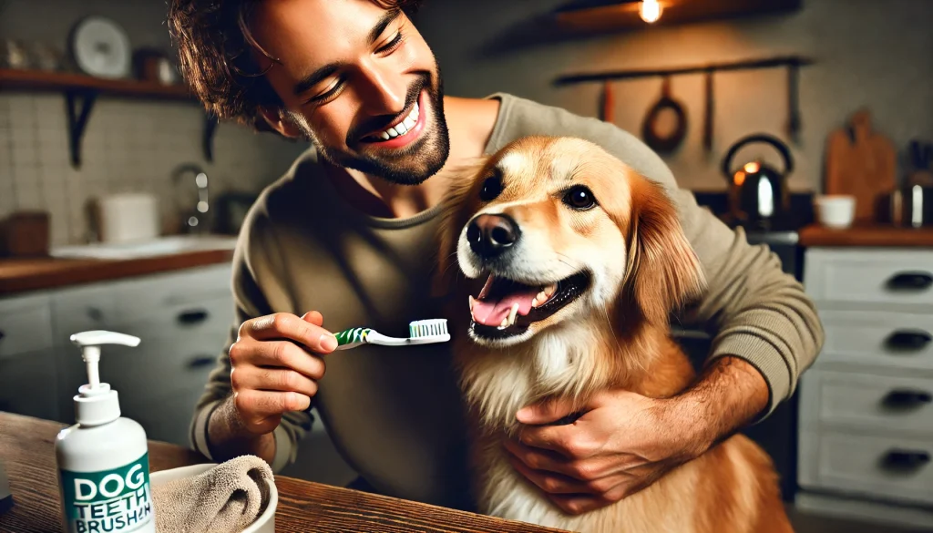 A happy owner and dog sharing a bonding moment after a positive dental grooming session