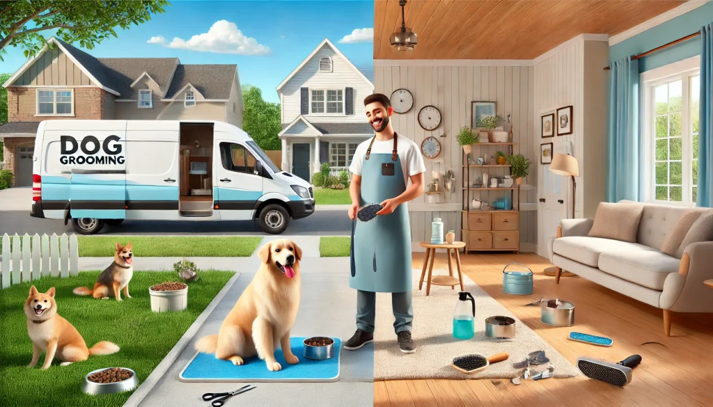 Visual comparison of Mobile Dog Grooming vs. DIY: Pros and Cons showing professional van service versus home grooming setup.