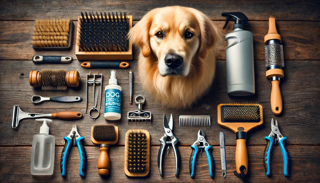 A complete set of essential dog grooming tools arranged neatly, including brushes, nail clippers, and cleaning supplies.dog grooming tips.