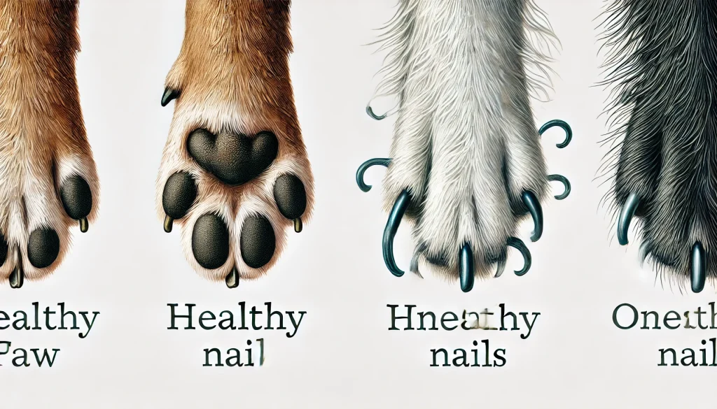 Educational illustration comparing a healthy dog paw with short nails to an unhealthy paw with overgrown nails.