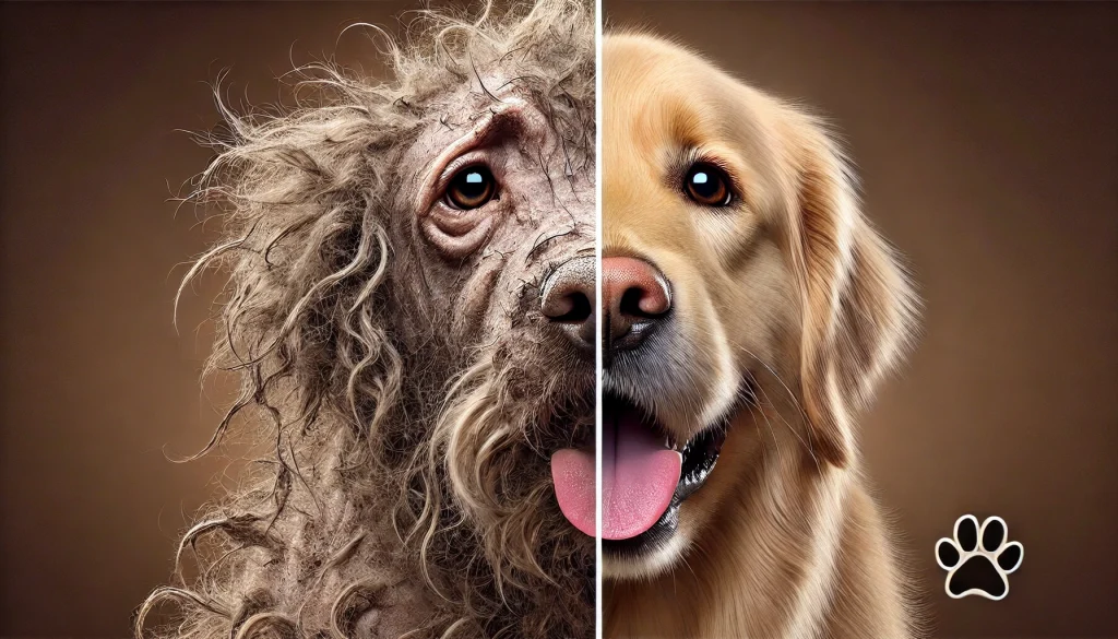 A visual comparison showing a dog with a severely matted coat transformed into a happy dog with a smooth, healthy coat after proper grooming.Dog Grooming Tips for Matted Hair