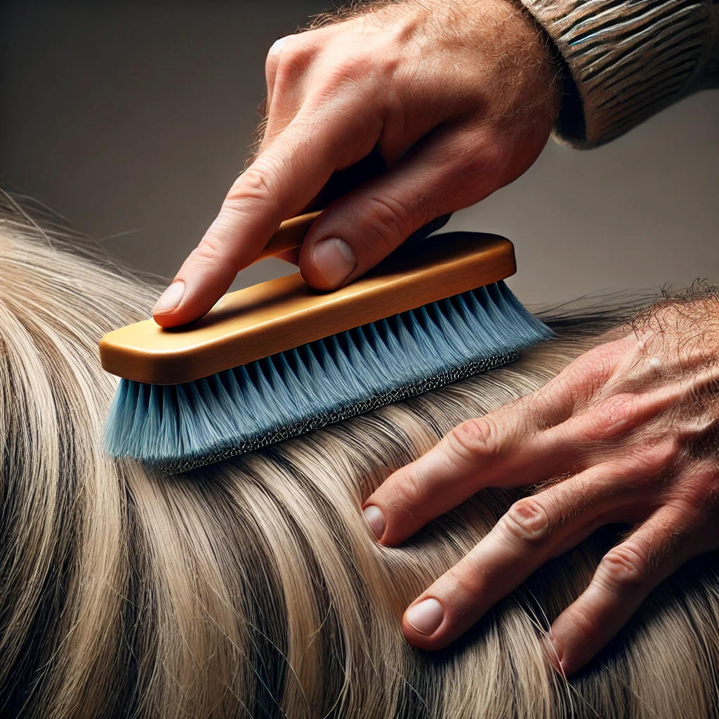 The correct technique for brushing matted hair: holding the fur at the base and gently working from the tips to the roots with a slicker brush.