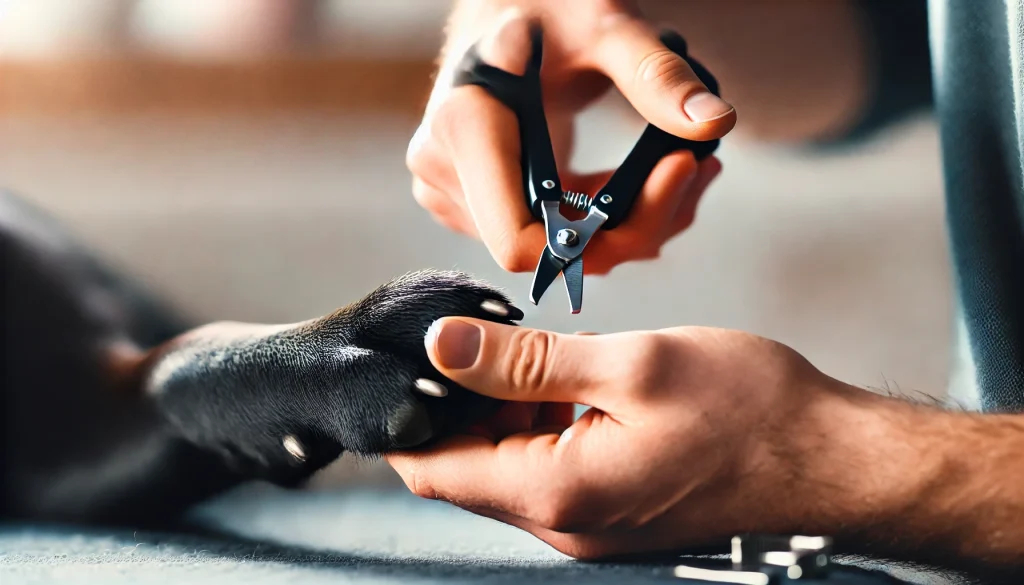 A person's hands demonstrating the safe technique of clipping a tiny piece of a black dog's nail at a perpendicular angle.