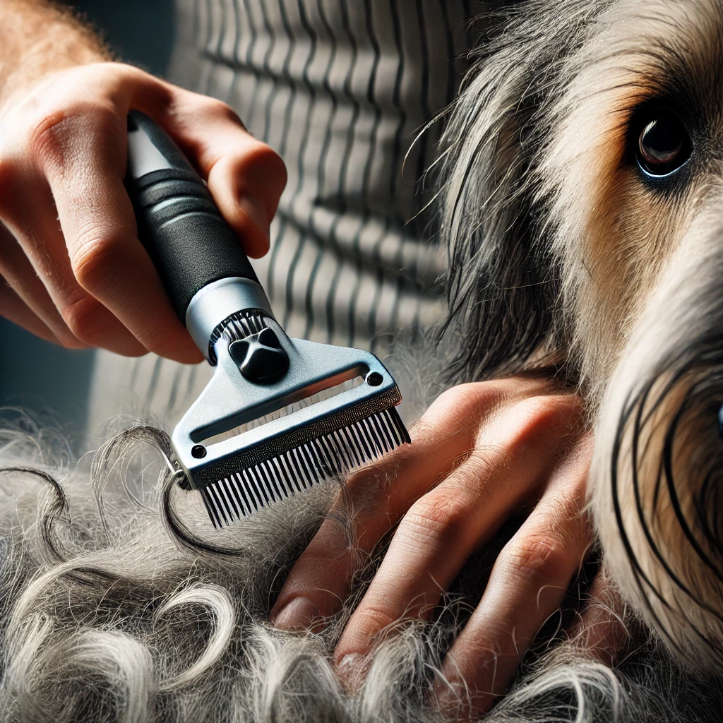 Safely using a dematting tool to break apart a tight knot in a dog's fur without causing pain