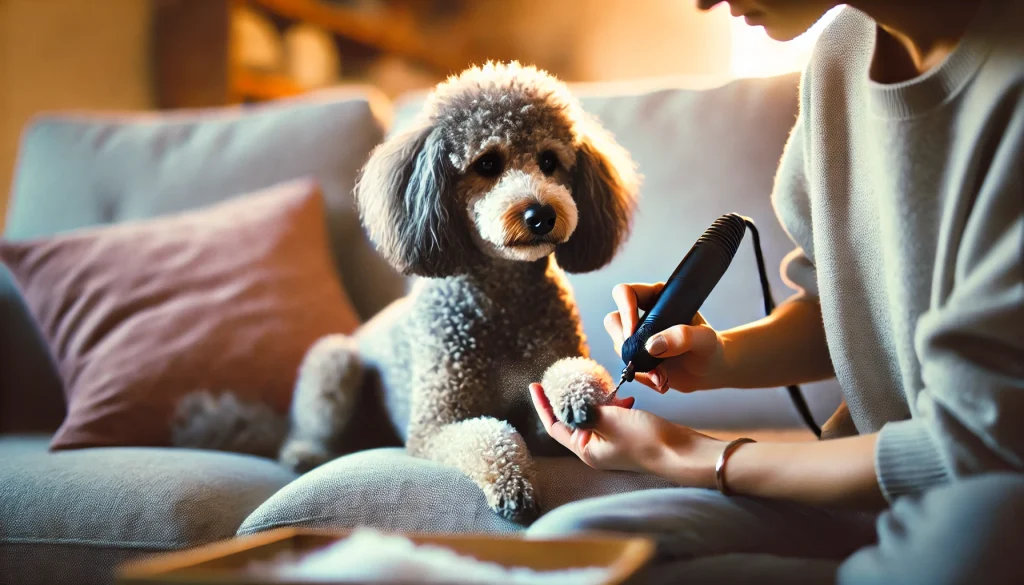 Using a nail grinder on a dog's black nail for a safe and controlled shortening, with the dog remaining calm.