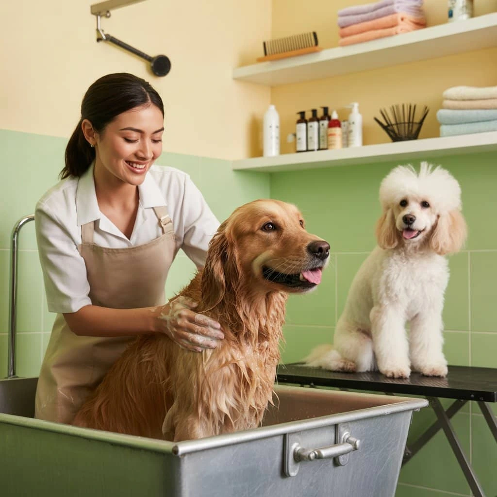 Dog owner brushing and grooming a golden retriever at home